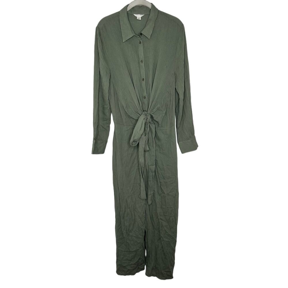 Caslon Women’s Sage Green Tie Front Long Sleeve Wide Leg Jumpsuit Size M